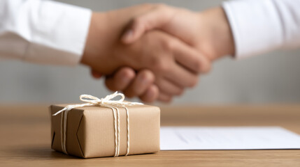 Financial approval and budgeting are essential for start of any investment plan in business finance, symbolized by handshake and gift on desk