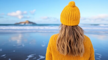 Young woman enjoys a joyful stroll on wet beach sand in sunny weather