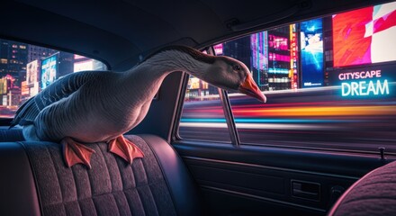 Fototapeta premium Adventurous goose in sedan back seat illuminated by urban lights, signifying comical city integration