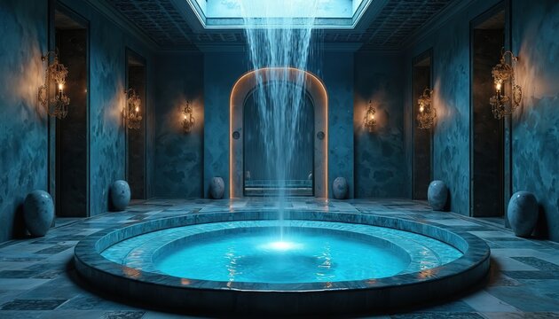 Elegant traditional hammam interior. Circular pool with glowing blue water, waterfall. Ornate golden wall sconces provide warm light. Luxurious spa offers relaxation, wellness, tranquil atmosphere.