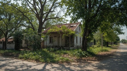 An old house surrounded by trees and overgrown vegetation along a deserted street.