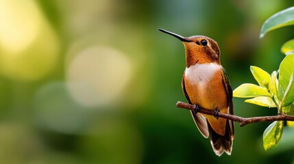 Fototapeta premium Colorful hummingbird perched delicately on a branch in a lush green setting
