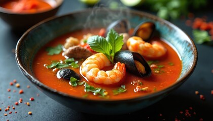 Close photo of delicious Tom Yum soup in a bowl. Thai cuisine dish with seafood mussels shrimp. Fresh ingredients meal cooking concept food.