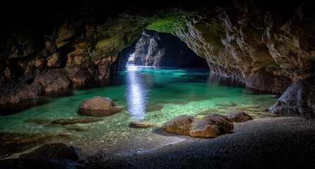 Naklejka premium Ocean cave opening, turquoise water, rocky shore