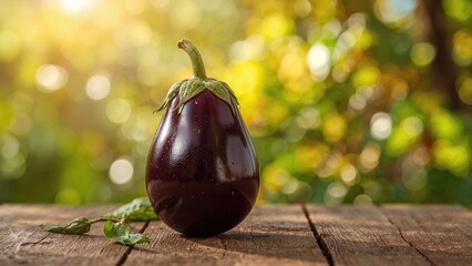 Eggplant resting on a wooden surface with a blurred background of green and yellow foliage.