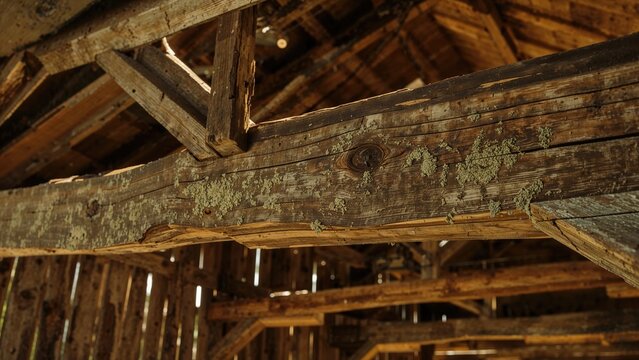 Weathered wooden beams and roof structure inside an old barn or shed.