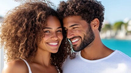 Young couple shares joyful moment by the water on a sunny day