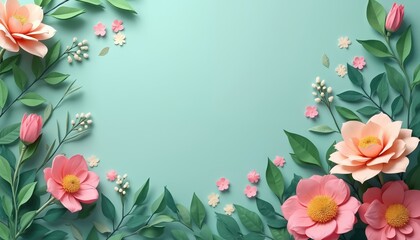 Soft pastel paper flowers and green leaves frame a serene teal background. Ideal for invitations, cards, or spring themed designs. Gentle floral arrangement with copy space for text.
