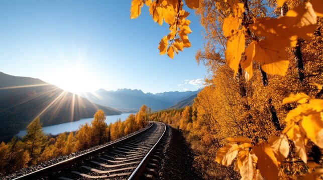 Golden autumn leaves frame the winding Circum-Baikal Railway in Siberia