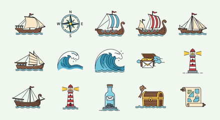 Embark on nautical adventures with these charming maritime icons featuring ships, waves, lighthouses, treasure chests, compass, and maps for exciting journeys.