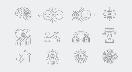 AI transformation icons showing brain, emotions, robot, health, progress, and innovation for modern technology concepts