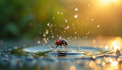 Ladybug insect on the water surface with water drops in sunlight. Insect fly above water. Coccinellidae in its natural environment. Ladybird at nature.