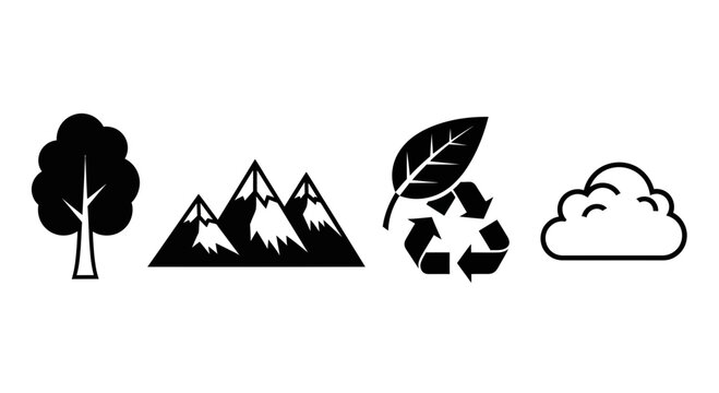 Iconic symbols of nature tree mountains recycling leaf and cloud offer versatile design elements for environmental themes