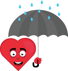 vector illustration emoticon character heart cartoon, on a rainy day with an umbrella and raindrops falling
