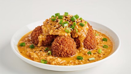 Fototapeta premium Fried chicken with sauce and green onions served on a white plate.