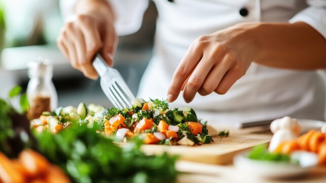 Cooking fresh vegetables with skillful hands in a minimalist kitchen
