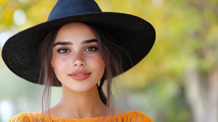 Woman in Halloween make-up explores a mysterious forest at dusk