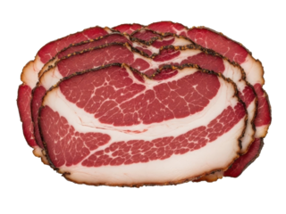 Pastrami sliced marbled meat isolated on pure white background