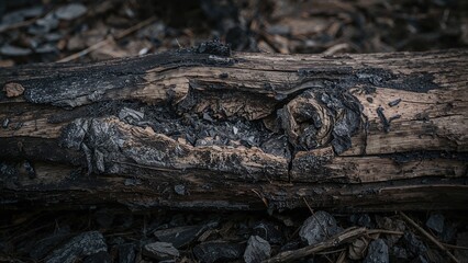 Fototapeta premium Burned wooden log with charred and blackened surface, surrounded by ashes and debris.
