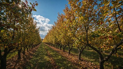 Fototapeta premium A orchard with rows of trees displaying autumn foliage under a partly cloudy sky.