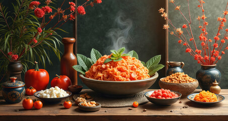 Still life asian food artful display. Noodles adorned leaves sit centraly. Side bowls offer diverse ingredients. Vases hold vibrant floral arrangements. Wooden table adds warmth, eco, style to