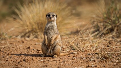 Fototapeta premium Meerkat standing upright in a dry, grassy environment.