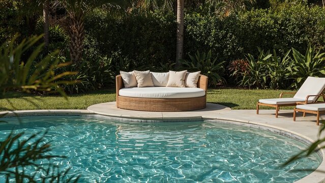 A poolside outdoor setting with a round daybed and sun loungers in a lush garden area.