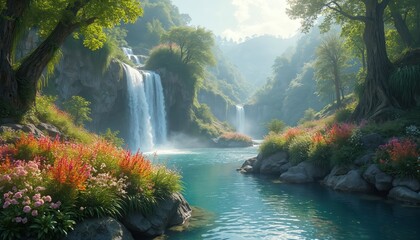 Rich tropical forest with cascading waterfalls flowing into clear turquoise water. Vibrant flowers bloom along rocky river banks, creating a serene and magical natural landscape. Peaceful scene.