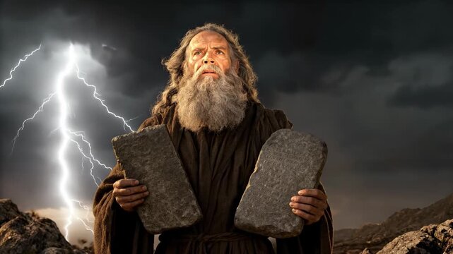 Moses holding the tablets - AI generated video of Prophet Moses receiving the Ten Commandments stone tablets on Mount Sinai.
