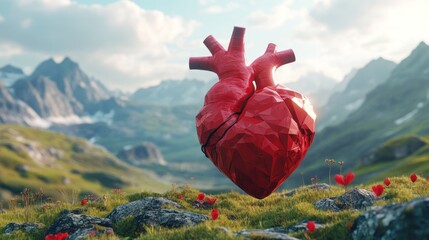 3D Heart Floating in Mountains, Medical Illustration, Nature Background, Educational Use