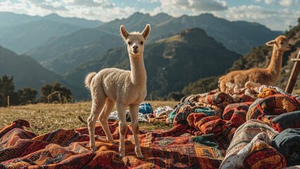 Fototapeta premium Llama in a mountainous landscape with colorful textiles scattered on the ground. Nature and animals, rural scene. The setting of a farm or rural area.