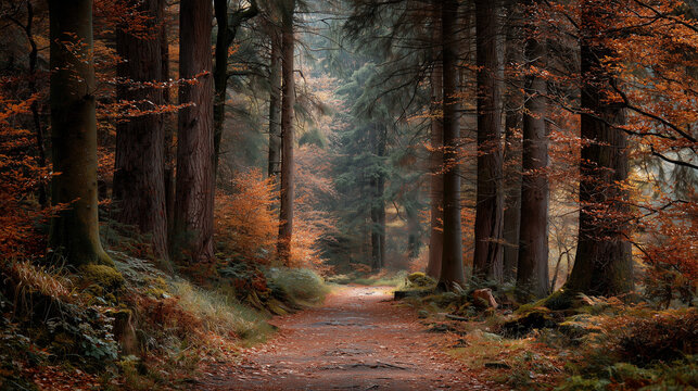Autumn hiking trail adventure enchanted forest nature photography serene environment wide angle view scenic beauty