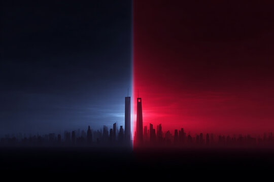 global economic competition, intense split-screen of us and china skylines, reflecting economic rivalry