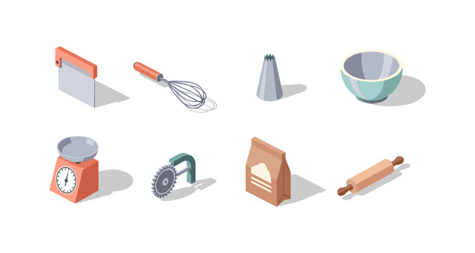Isometric baking equipment set with whisk, bowl, and rolling pin for kitchen design