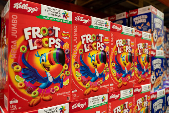 Close up of Kellogg's Froot Loops cereal boxes on store shelf. Toronto, Canada - November 26, 2025.