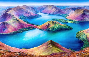 Obraz premium Colorful Lake District Landscape Painting with Vibrant Hues.
