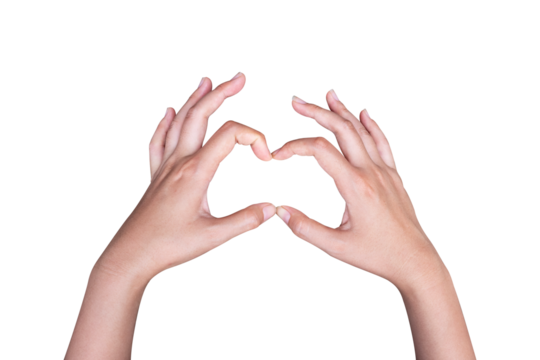the girl's hand gesture forms a heart on white background isolated - Powered by Adobe