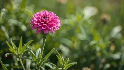 Obraz premium Bright pink flower in a garden with green foliage. Nature and floral concept. The beauty of plants and flowers. Blooming and gardening.
