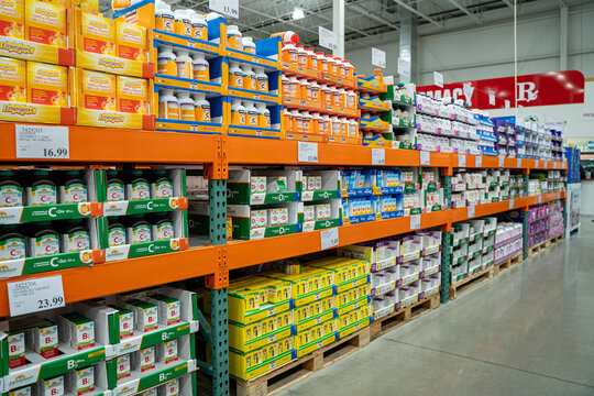 View of assorted vitamins and supplements on warehouse store shelves. Toronto, Canada - November 26, 2025.