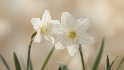 Obraz premium White daffodil flowers with green leaves and stems.