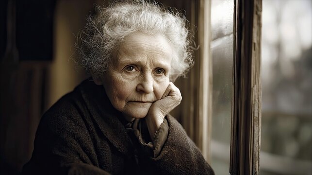 An elderly woman with gray hair rests her chin on her hand, gazing out a window. The image conveys a sense of contemplation and introspection. - Powered by Adobe