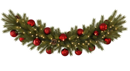 A festive Christmas garland with green pine branches, red baubles, glowing lights, and pinecones on a white background.
