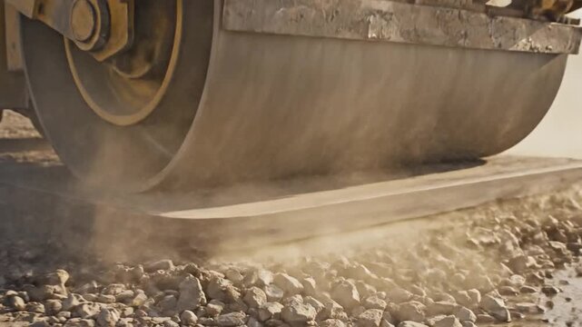 Yellow road roller compacting gravel and dirt on a construction site