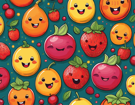 Vibrant digital illustration of various smiling fruits with faces on a teal background, including apples, oranges, strawberries, and pears.
