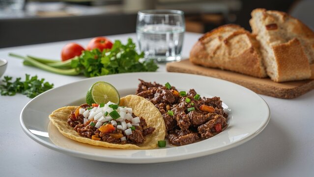 Traditional Mexican carne adobada served with tortillas, lime, and chopped onions, alongside fresh bread and a glass of water.