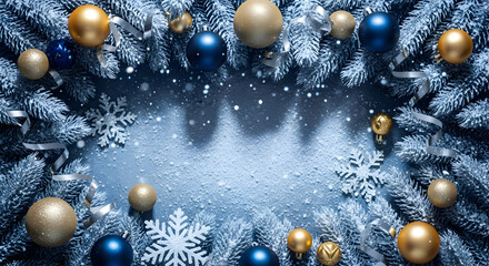 Festive Christmas frame of frosted pine branches adorned with gold and blue ornaments, and white snowflakes on a textured blue background.