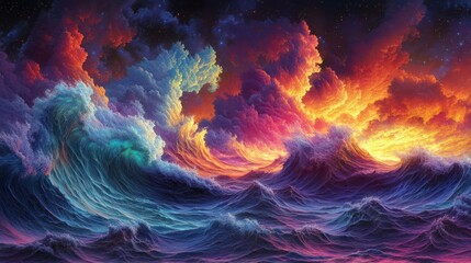 Obraz premium Colorful cosmic waves crash, night sky, fantasy art, design
