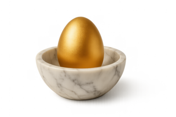 Golden egg resting in white marble bowl