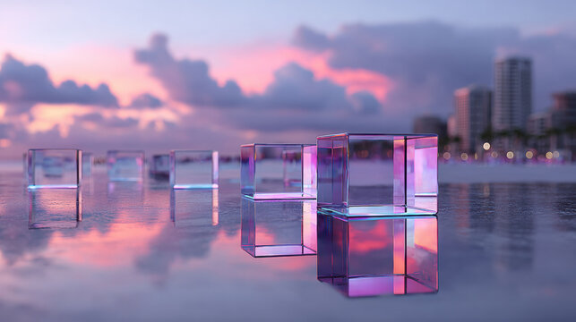 A virtual city with glowing cubes and a luminous skyline emphasizes the blend of digital technology and urban design, showcasing a futuristic vision of a tech-driven metropolis.