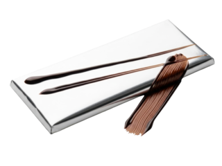 Minimalist silver wrapper featuring fluid chocolate streaks white background